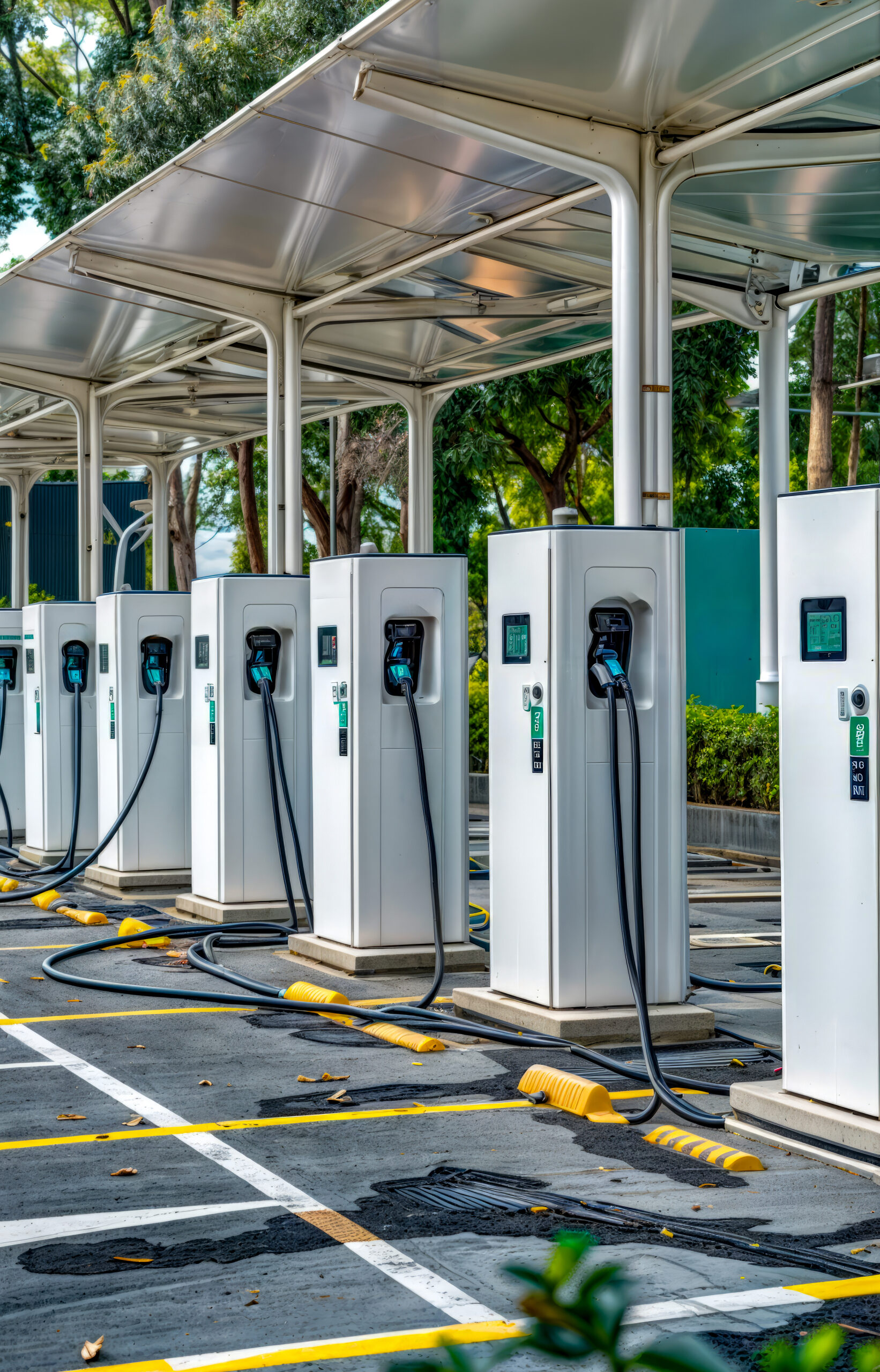 Row of white electric cars plugged in to charging station in parking lot.