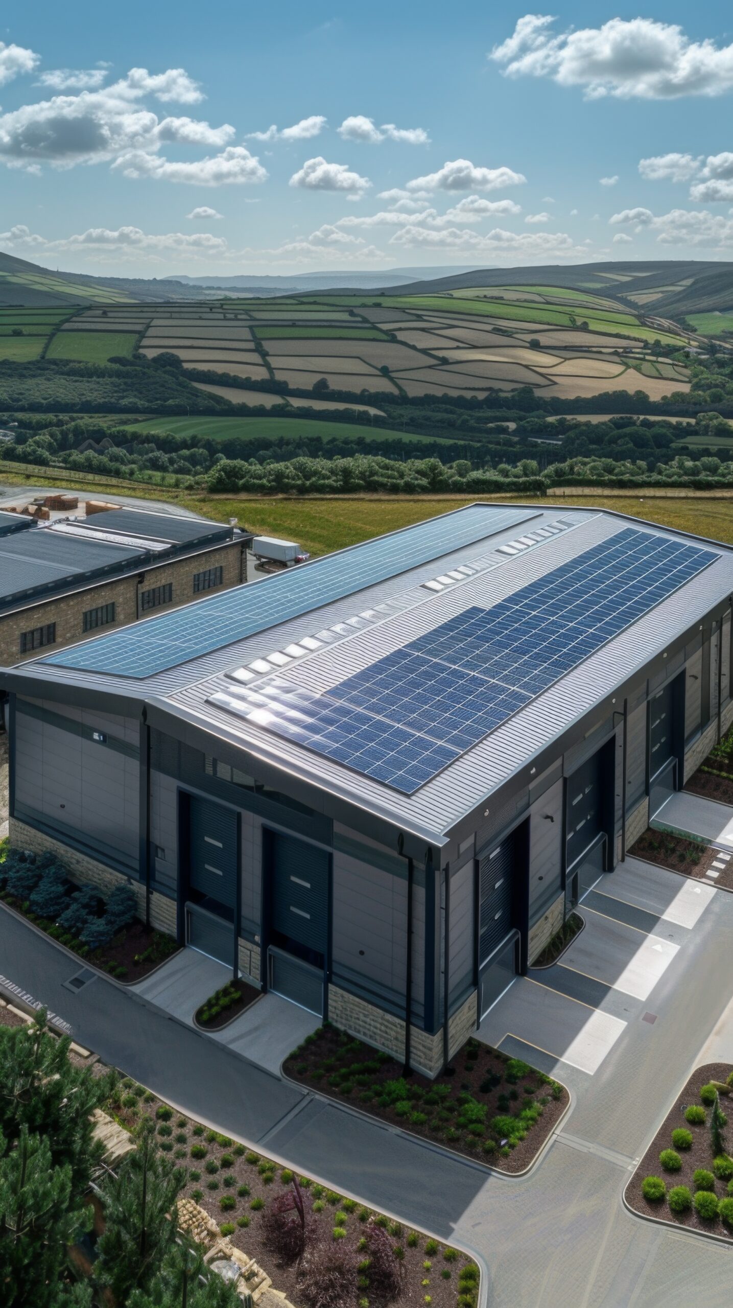 Aerial view of a modern warehouse with solar panels on the roof an aerial drone photo. Green energy concept in a rural area.